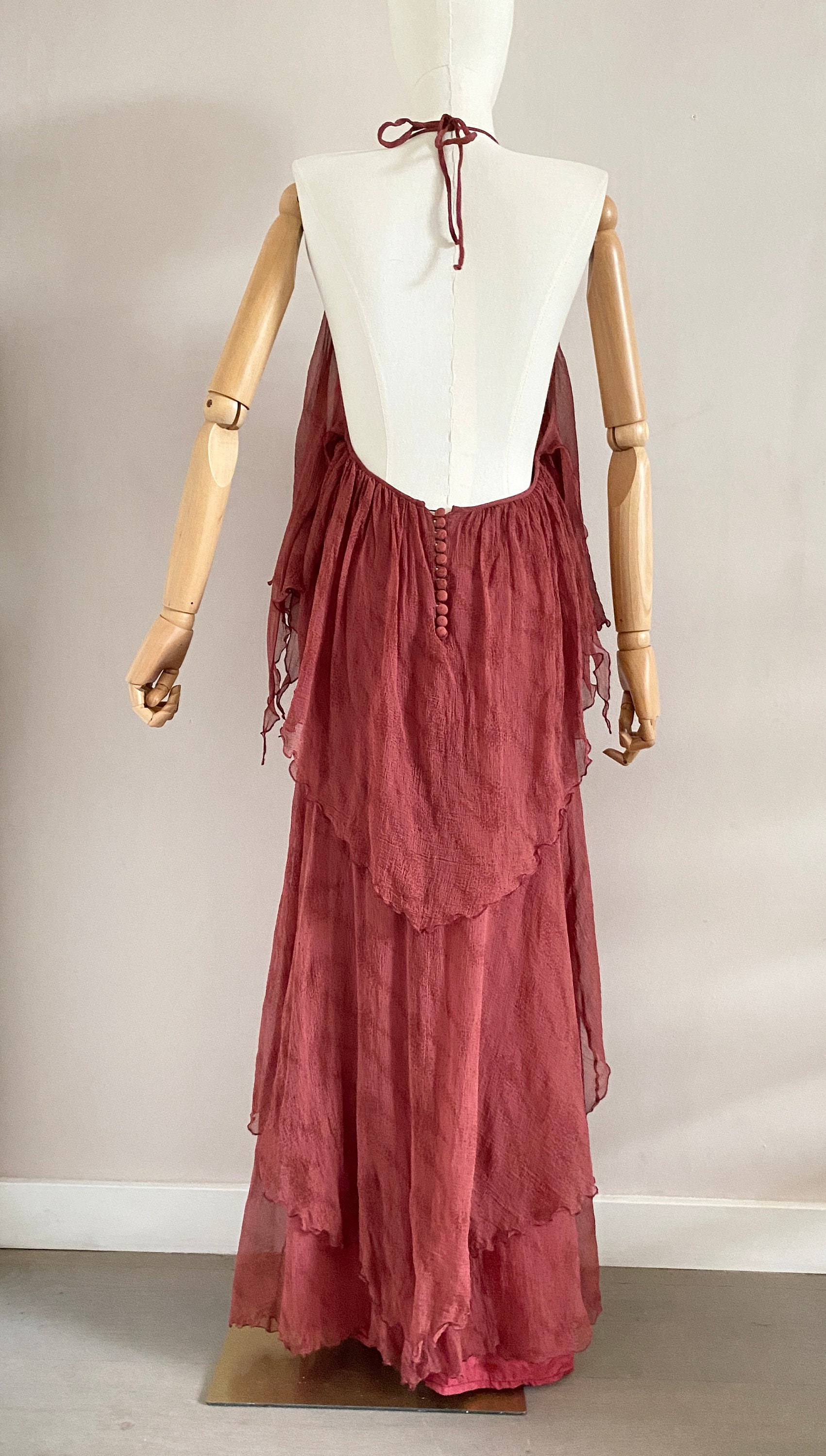 Vintage 1970s Silk Chiffon Burgundy Red Halter Dress Size Xs 70s Maxi ...