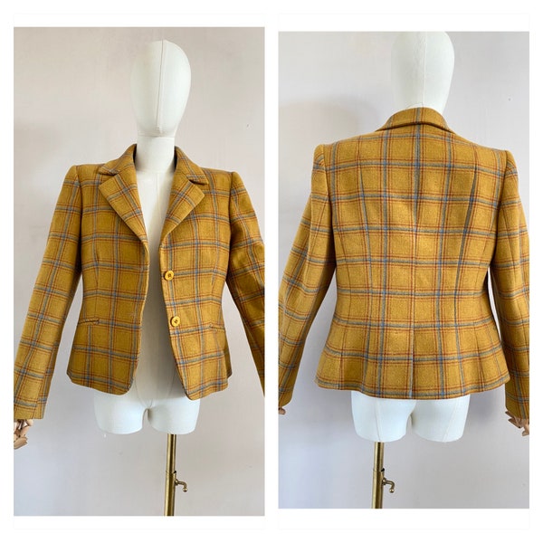 Vintage 80er Jahre gelb karierter Blazer Gr. S / M - 80er Jahre gestreifte Wolljacke