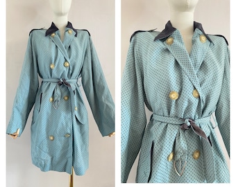 Vintage 90s blue printed trenchcoat SIZE M with pockets - 1990 coat with belt strap