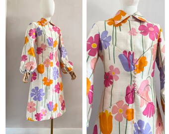Vintage 60s raw silk floral printed dress size XS - 1960s a-line midi robe with long sleeves