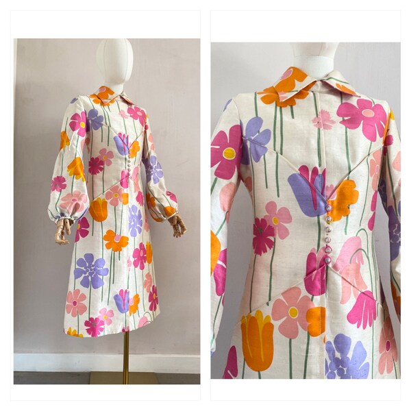 Vintage 60s raw silk floral printed dress size XS - 1960s a-line midi robe with long sleeves