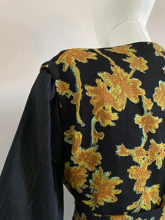 Vintage 80s black yellow floral belted jacket - 1… - image 7