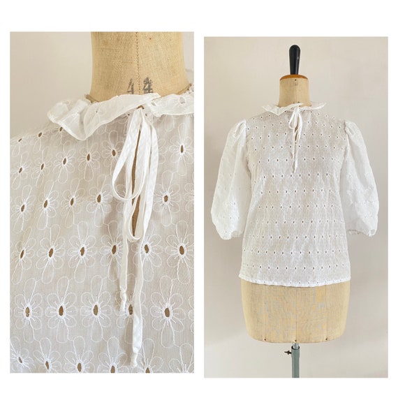Vintage 1980s broderie high neck blouse size s - vintage Austrian folklore shirt made from cotton