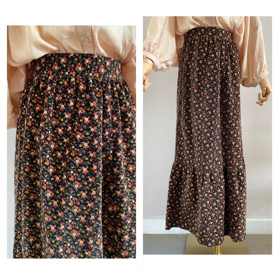Vintage 70s black floral corduroy skirt size XS 1970s velvet midi prairie robe size xs