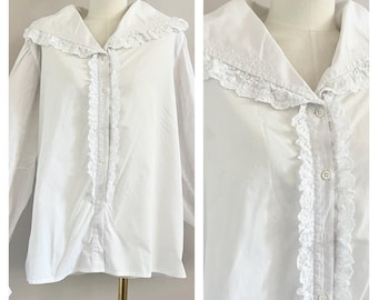 Vintage 80er Jahre Laura Ashley Bluse - 1980er weißes Baumwoll Spitzen Hemd mit Peter Pan Kragen GRÖSSE XL