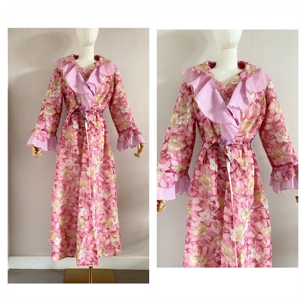 robe de chambre à fleurs vintage des années 70 taille m - robe de chambre rose à volants des années 70