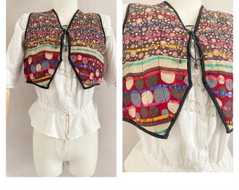 Vintage 70s Indian cotton glitter quilted waistcoat - 1970s abstract printed shirt gilet size xs