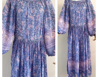 Vintage 70s Indian silk floral dress with balloon sleeves - 1970s purple boho Ritu Kumar style gown SIZE L