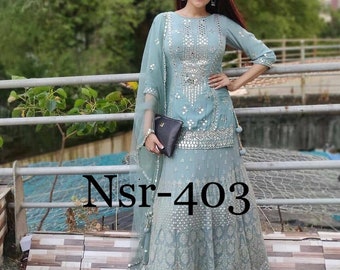 Women Heavy Net Kurta Palazzo With Chine Stitched Work And Heavy Net Dupatta For This Beautiful Wear