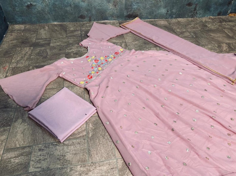 New Beautiful Georgette Gown With Heavy Embroidery Sequence Work And Net Dupatta For Women