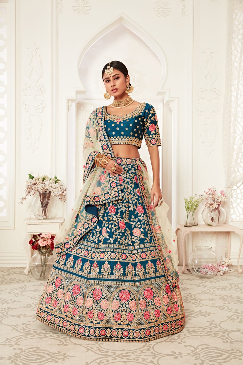 Designer Sky Blue Heavy Slub Silk Lehenga Choli ,with Embroidery Sequence Work, And Soft Net Dupatta For Women