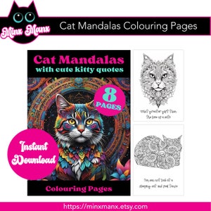 Cat Mandala Colouring Book | 8 pages with cute cat quotes | INSTANT DOWNLOAD, Adult Coloring Book