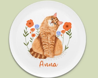 Children's tableware with red cat motif and name, made of melamine, personalized children's tableware, birthday gift for boys and girls