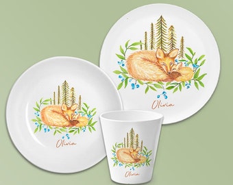 Children's tableware with fox family name, made of melamine, personalized children's tableware, christening gift, children's tableware for boys and girls