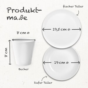 May include: A white ceramic cup with a diameter of 8 cm and a height of 8 cm. Two white ceramic plates, one with a diameter of 19 cm and the other with a diameter of 19.5 cm. The text "Produkt-ma&szlig;e" is written in black at the top of the image. The text "Becher" is written below the cup. The text "flacher Teller" is written above the larger plate. The text "tiefer Teller" is written below the smaller plate.