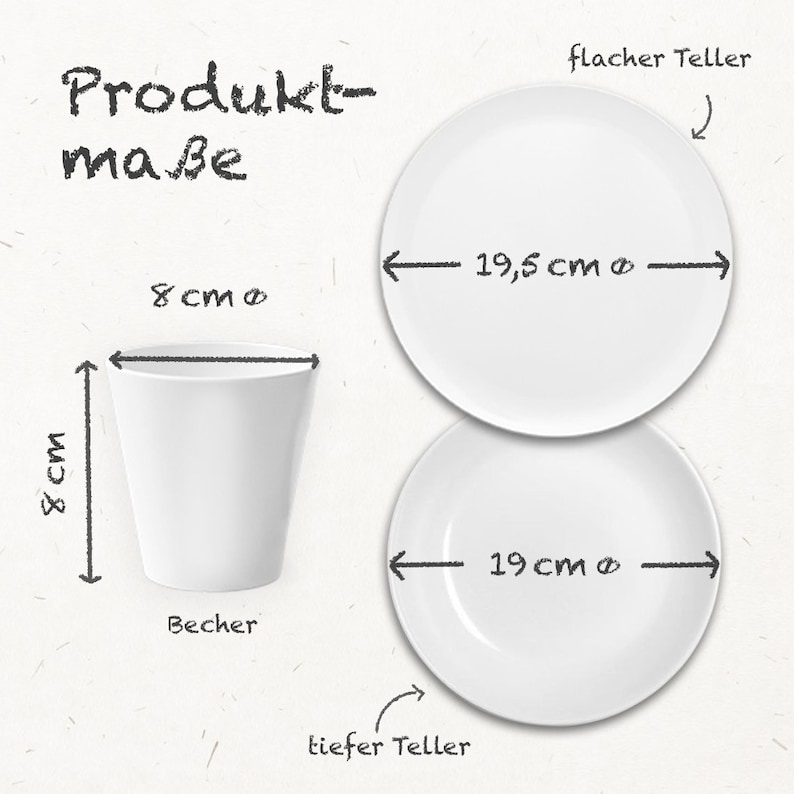 May include: A white ceramic cup with a diameter of 8 cm and a height of 8 cm. Two white ceramic plates, one with a diameter of 19 cm and the other with a diameter of 19.5 cm. The text "Produkt-ma&szlig;e" is written in black at the top of the image. The text "Becher" is written below the cup. The text "flacher Teller" is written above the larger plate. The text "tiefer Teller" is written below the smaller plate.