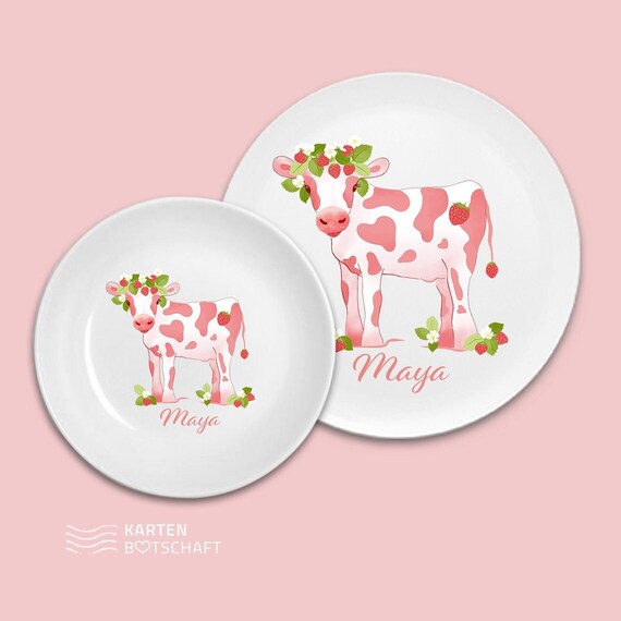 Kindergeschirr Strawberry Cow mit Namen aus Melamin, Kindergeschirr personalisiert, Geschenk zur Taufe, Kindergeschirr Mädchen, BPA frei