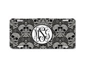 Black Skulls Car Tag Custom Monogram License Plate Vintage Gothic Grunge Frame Set Personalized