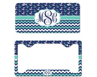 Personalized License Plate Monogram Monogrammed License Plate Anchor Chevron Car Tag Navy Hot Pink Auto Tag