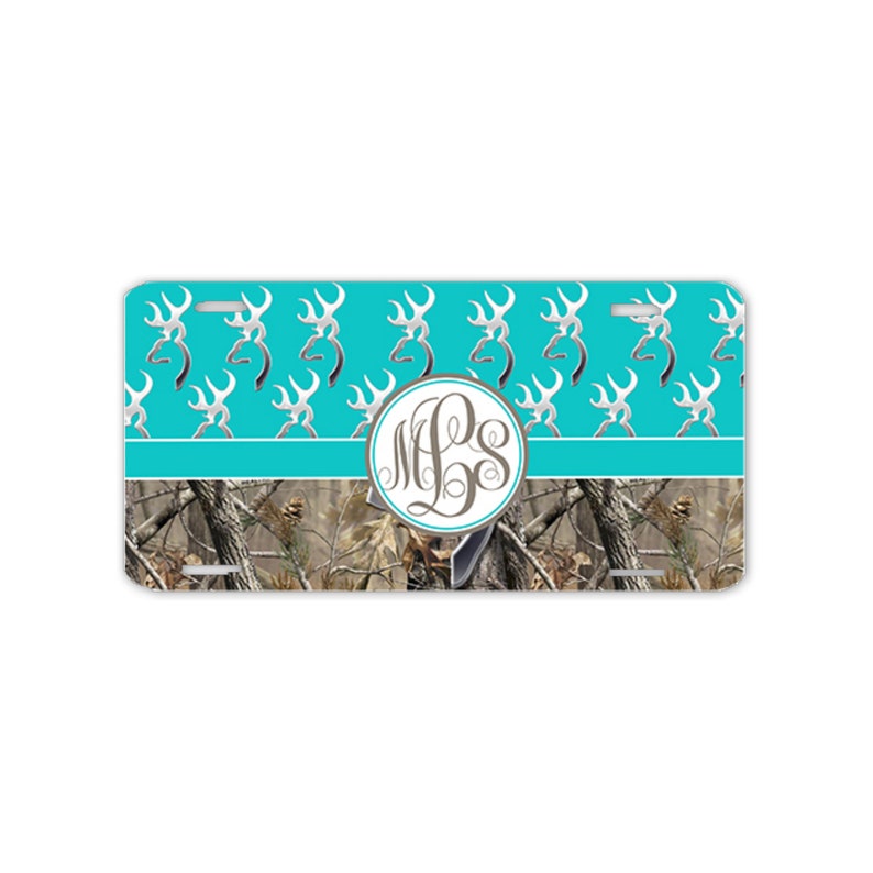 Aqua Buck Head Camo Car Tag Custom Monogram License Plate Frame Set Personalized Hunting Country Antlers