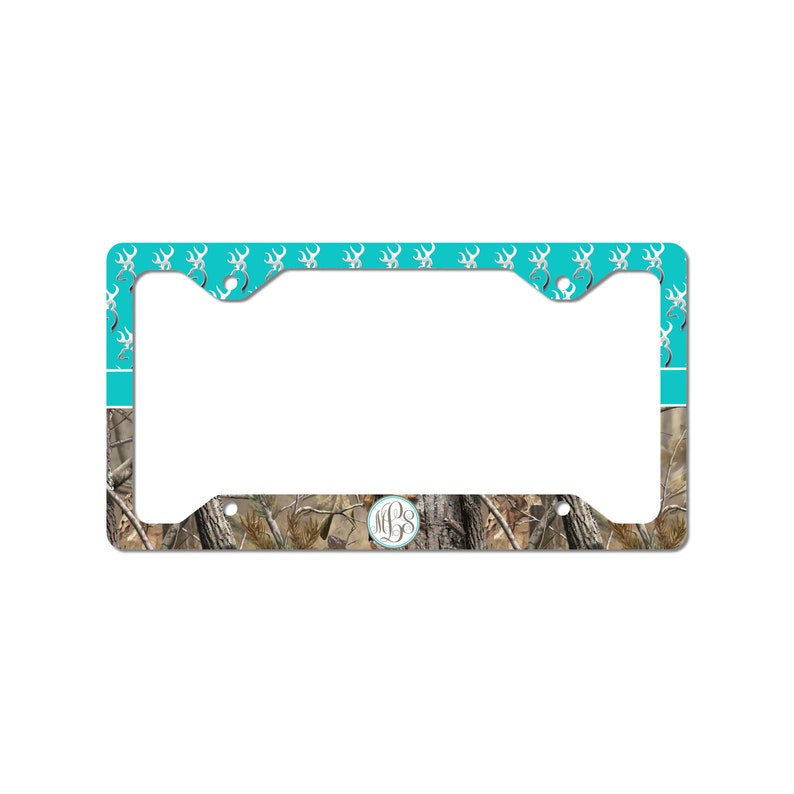 Aqua Buck Head Camo Car Tag Custom Monogram License Plate Frame Set Personalized Hunting Country Antlers