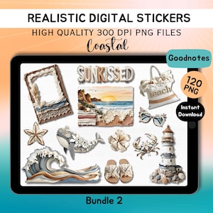120 pegatinas digitales realistas con temática de playa costera / Incluye libro de pegatinas Goodnotes / Pegatinas digitales vintage / Pegatinas para álbumes de recortes