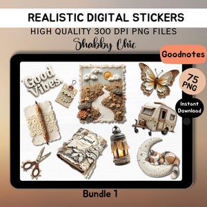 May include: A digital sticker bundle with a shabby chic theme. The bundle includes 75 high-quality PNG files, each with a 300 DPI resolution. The stickers feature a variety of designs, including a butterfly, a camper van, a journal, a lantern, a crescent moon, a lace-trimmed frame, a pencil, a pair of scissors, and a sign that says "Good Vibes".
