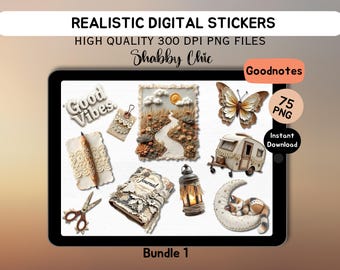 75 Realistic Shabby chic digital stickers | Goodnotes stickers | Vintage digital stickers | Junk journal stickers | Hyperlinked Goodnotes
