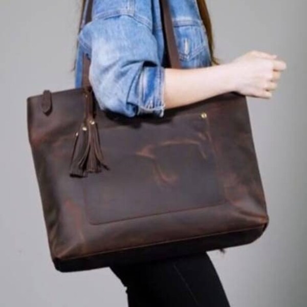 Leather Zipper Tote Etsy
