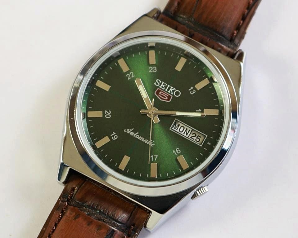 Vintage refurbished Seiko 5 Automatic 6309A Japan Mens Wrist watch green dial exhibition back stainless steel gift for men for him #2071-04