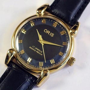 Swiss Made Vintage Hand Winding Mens Wrist watch tear drop lugs black dial mechanical gold plated gift for men for him #1060-53