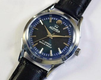 Vintage Roamer Swiss Made Hand Winding Mens Wrist watch blue dial curved ended lugs stainless steel case gift for men for him #1014-34