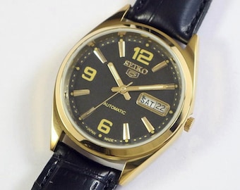 Vintage Seiko 5 Automatik Japan Herren Armbanduhr | Zifferblatt schwarz | Tag Datum | Edelstahl | geschenk für männer für Ihn a1028li21