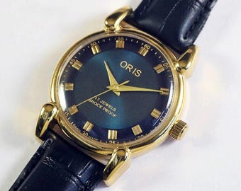 Vintage Oris Swiss Made Hand Winding Mens Wrist watch blue dial tear drop lugs mechanical gold plated gift for men for him #1020-53