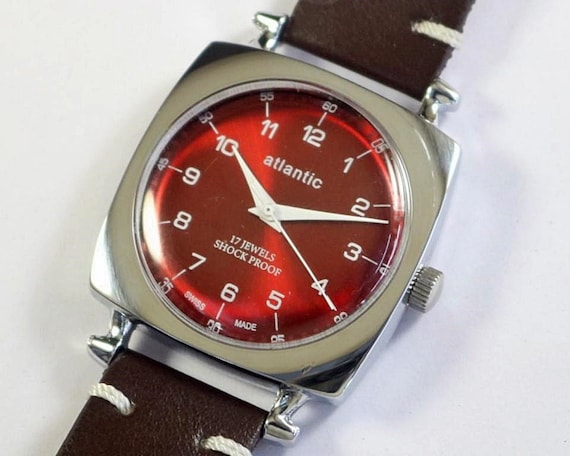 Vintage Atlantic Swiss Made Hand Winding Mens Wrist Watch Red Dial Fancy L Shaped Lugs Mechanical Gift for Men for Him A1047li06 Etsy Australia