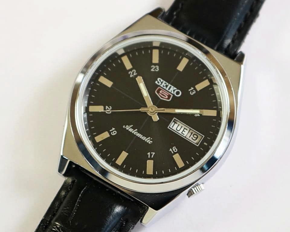 Vintage refurbished Seiko 5 Automatic 6309A Japan Mens Wrist watch black dial exhibition back stainless steel gift for men for him #2071-11