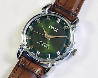 Vintage Oris Swiss Made Hand Winding Mens Wrist watch green dial tear drop lugs mechanical stainless steel gift for men for him #1046-48