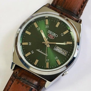 Relógio de pulso masculino Seiko 5 Automático 6309A japonês vintage reformado, mostrador verde, mostrador traseiro de exposição, aço inoxidável, presente para homens, #2071-03
