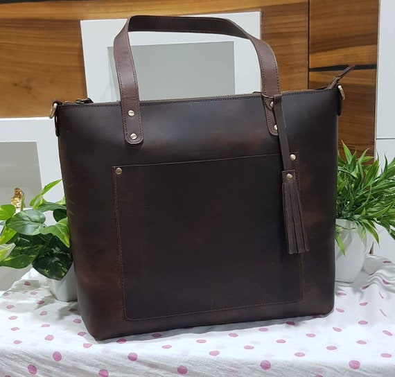 Leather Tote Bag Leather Anniversary Gift for Women Zipper 