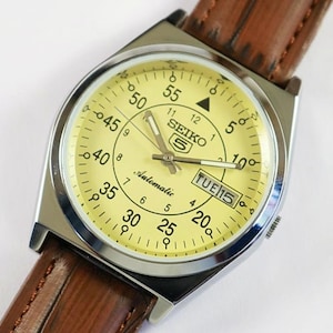 Vintage refurbished Seiko 5 Automatic 6309A Japan Mens Wrist watch yellow field style dial stainless steel gift for men for him #2012-13