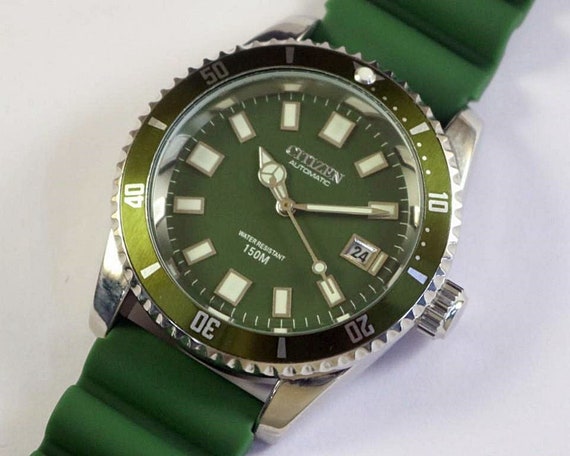 Citizen Diver Style MOD Automatic Japan Mens Wrist Watch Rotating Bezel Green Dial Luminous Markers Hands Gift for Men for Him 2008 Etsy