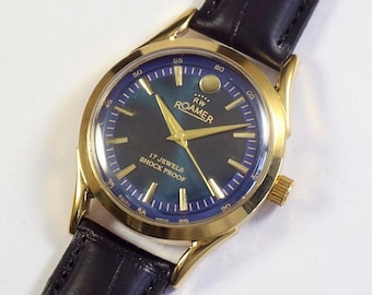 Vintage Roamer Swiss Made Hand Winding Mens Wrist watch | blue dial | mechanical | stainless steel | gift for men for him | a1004li11