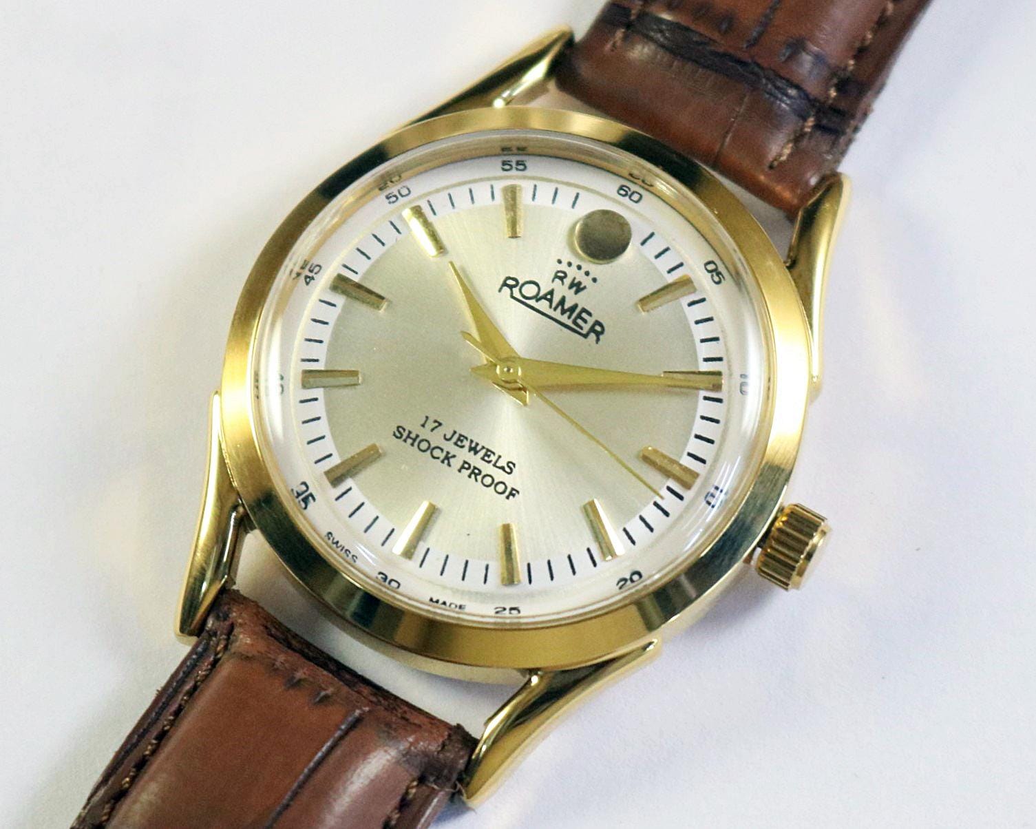 Vintage Roamer Swiss Made Hand Winding Mens Wrist watch silver dial curved ended lugs gold plated case gift for men for him #1060-42