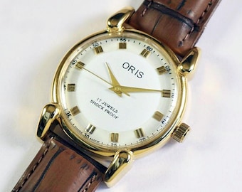 Vintage Oris Swiss Made Hand Winding Mens Wrist watch white dial tear drop lugs mechanical gold plated gift for men for him #1060-53