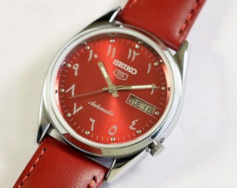 Vintage refurbished Seiko 5 Automatic Japan Mens Wrist watch exhibition back red arabic dial stainless steel gift for men for him #2072-04