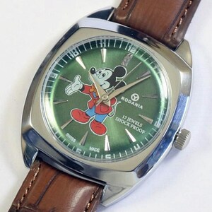 Vintage Rodania Swiss Made Handaufzug Armbanduhr grün Cartoon Zifferblatt quadratisches Gehäuse monaco mechanisches Geschenk für Mann für Ihn #1014-08