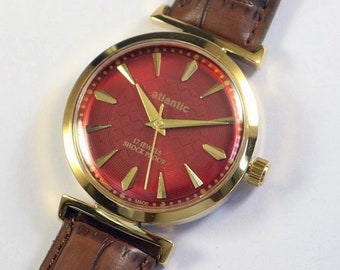 Vintage Atlantic Swiss Made Hand Winding Mens Wrist watch | red dial | mechanical | stainless steel | gift for men for him | a1008li17