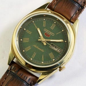 Relógio de pulso masculino Seiko 5 automático japonês vintage reformado, mostrador verde romano, aço inoxidável, presente para homens, 1000-01