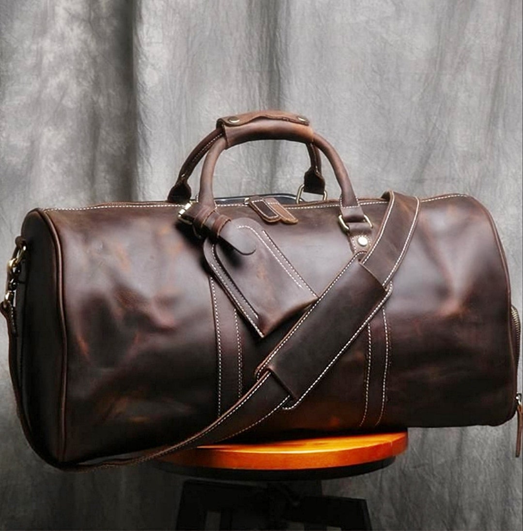 Handmade Buffalo Leather Duffle Bag With Shoe Compartment Large Weekend ...