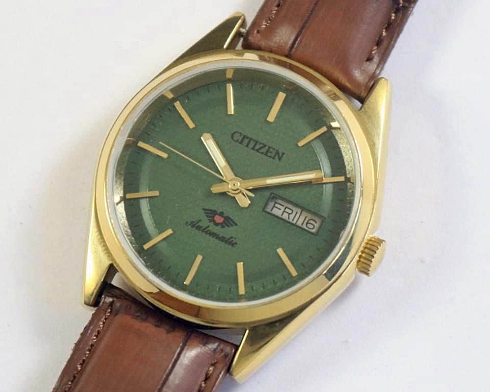 Vintage Citizen Eagle 7 Automatic Japan Mens Wrist watch day date textured green dial exhibition gold back gift for men for him #2022-02